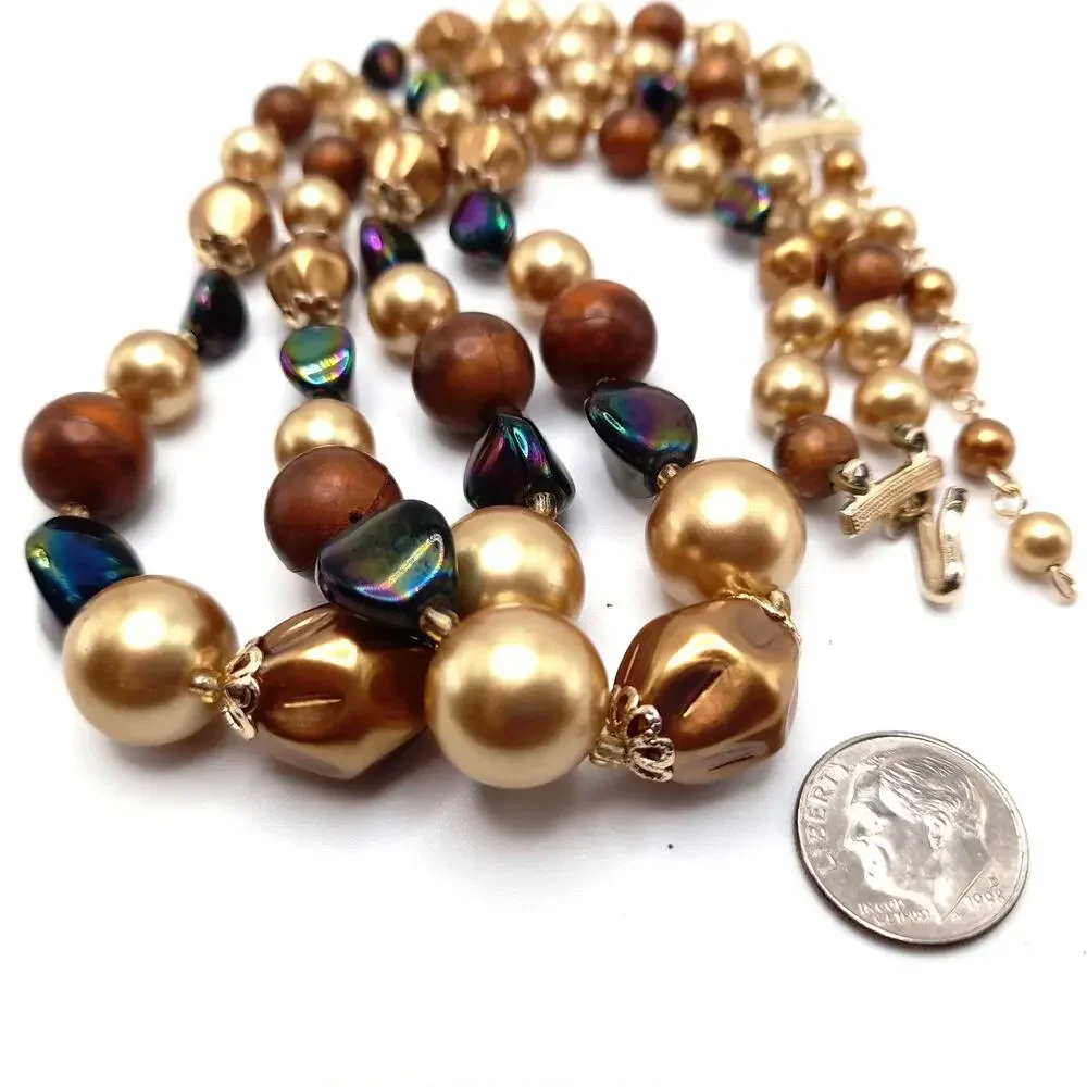 Vintage Japan Art Bead Necklace Iridescent Glass Wood Pearl Double Strand